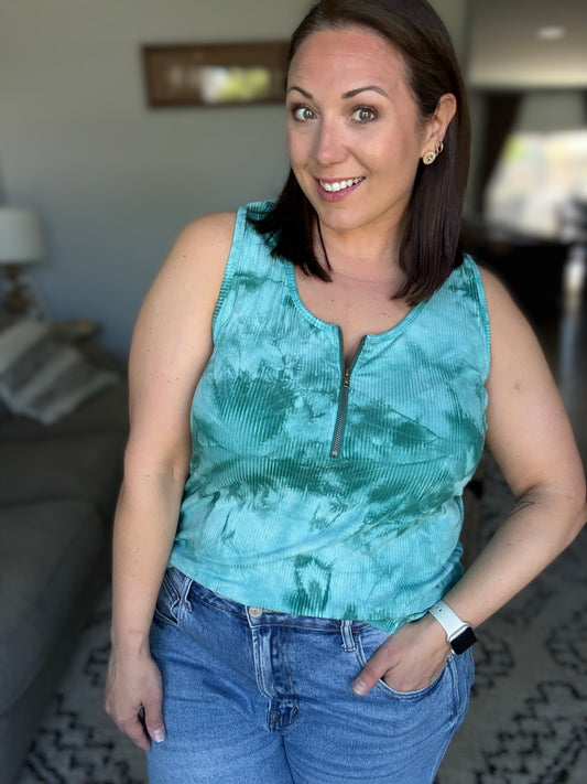 Michelle Mae Mila Zipper Tank - Teal Tie Dye
