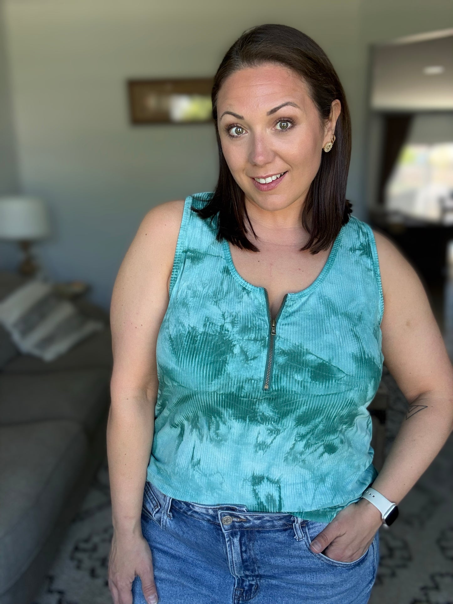 Michelle Mae Mila Zipper Tank - Teal Tie Dye