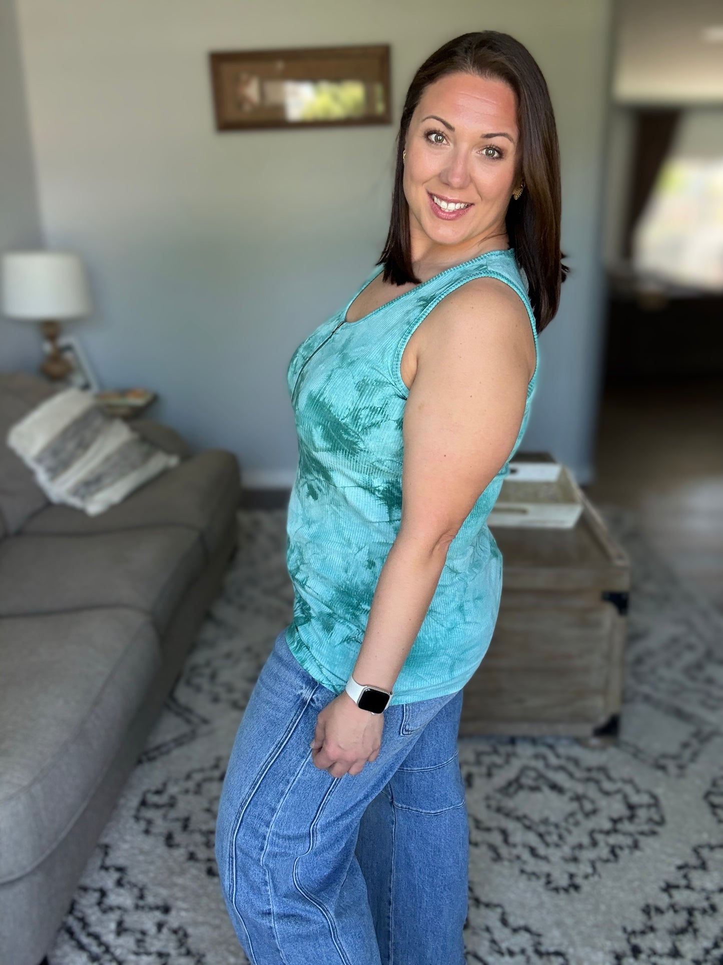 Michelle Mae Mila Zipper Tank - Teal Tie Dye