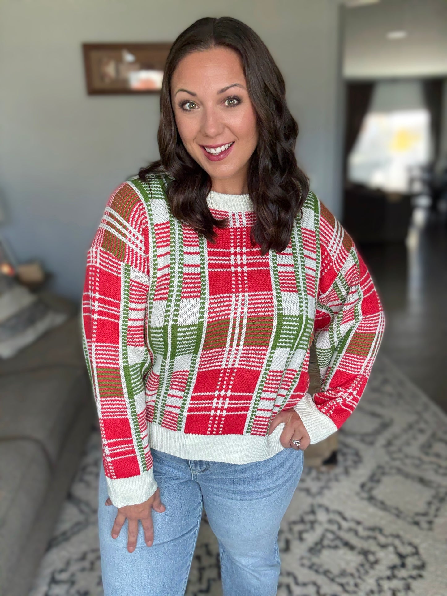 SO ME Christmas Plaid Crew Neck Sweater