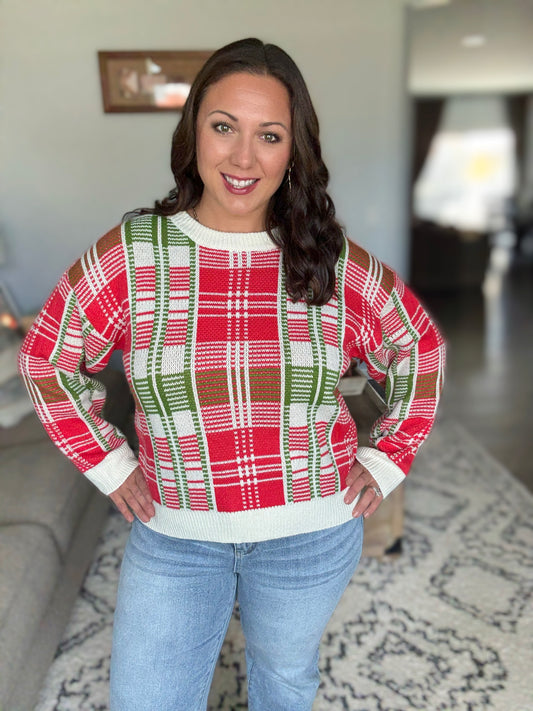SO ME Christmas Plaid Crew Neck Sweater