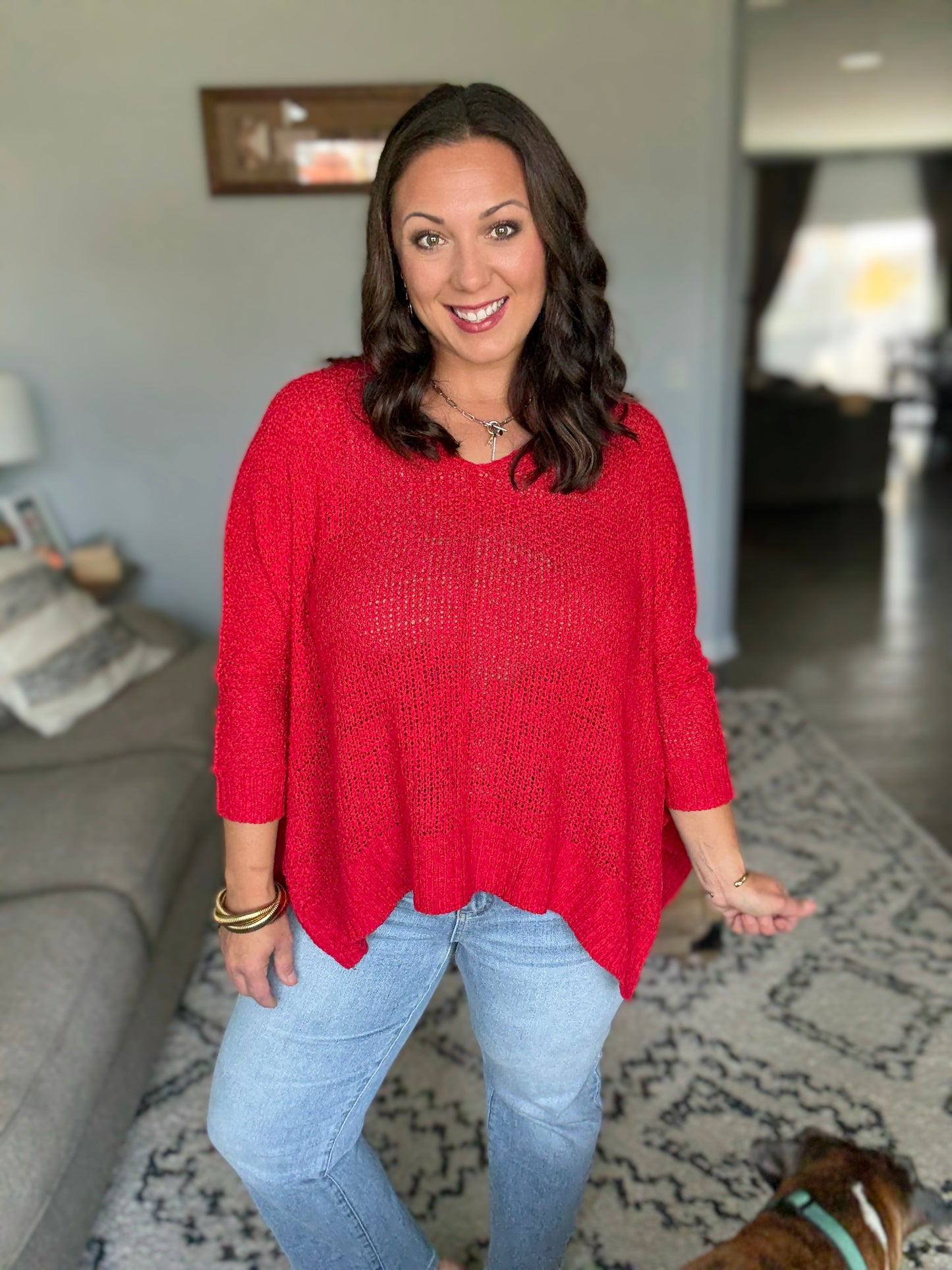 Zenana Dolman Sleeve V-Neck Sweater in Ruby