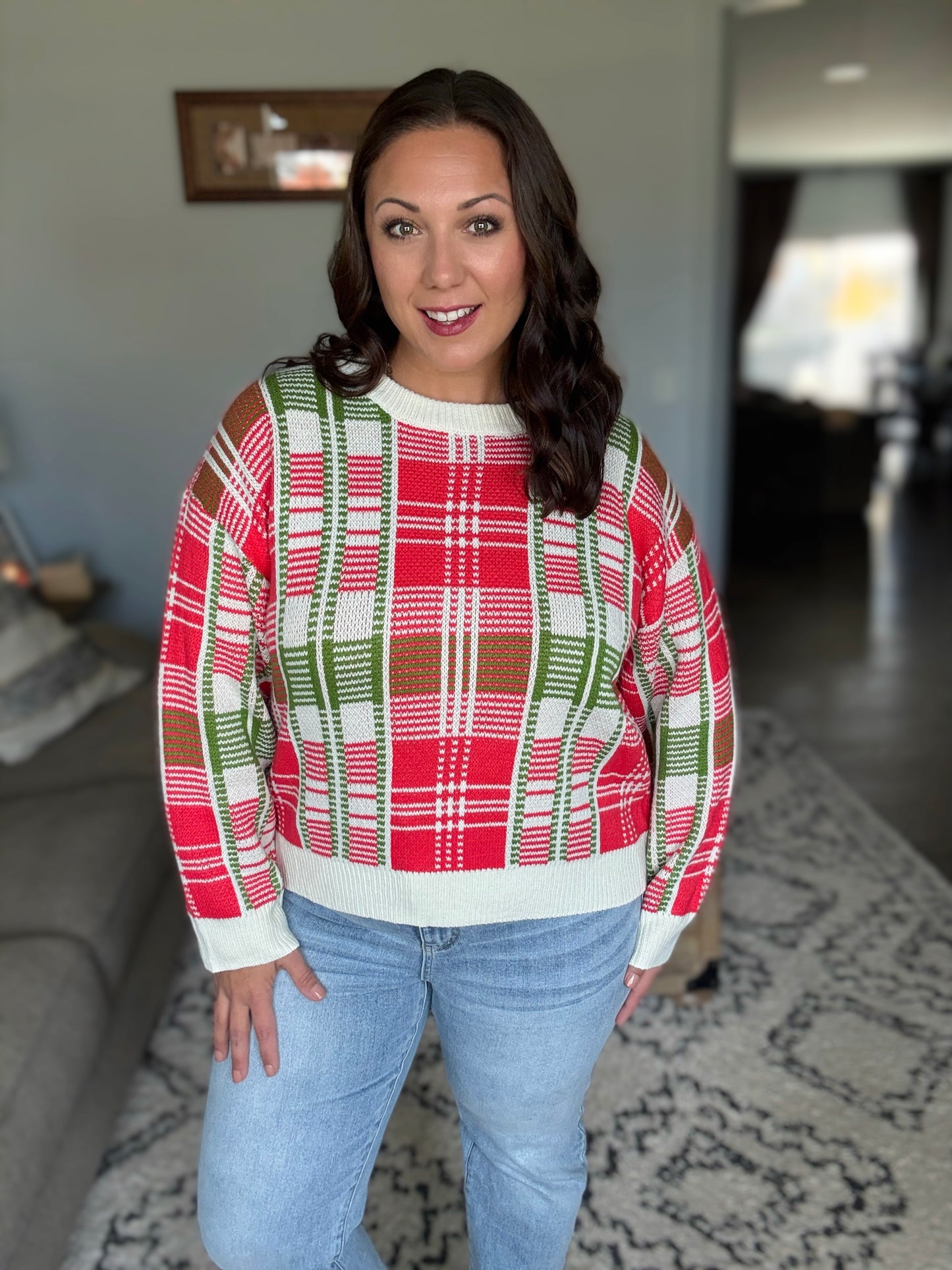 SO ME Christmas Plaid Crew Neck Sweater