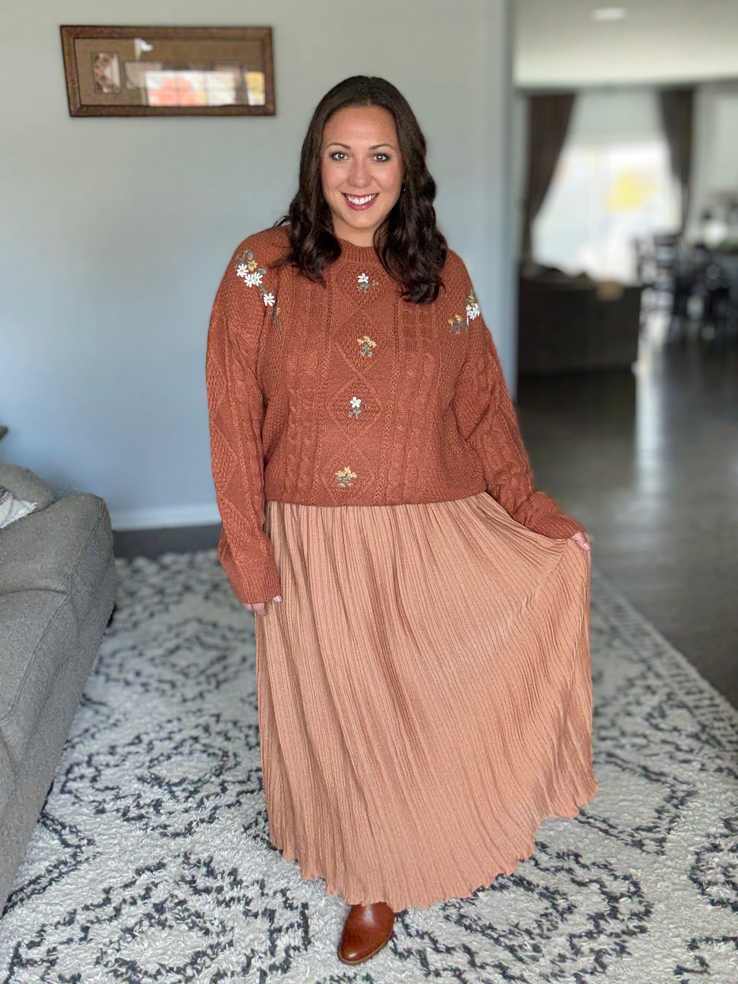 SO ME Embroidered Flower Cable Knitted Sweater