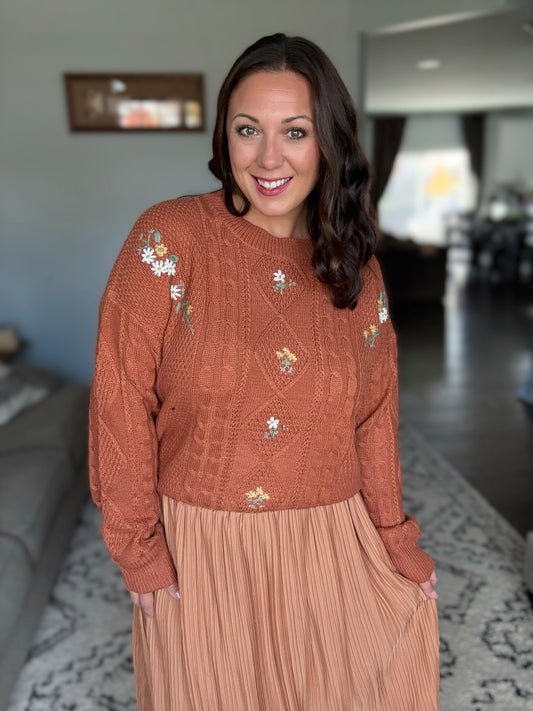 SO ME Embroidered Flower Cable Knitted Sweater