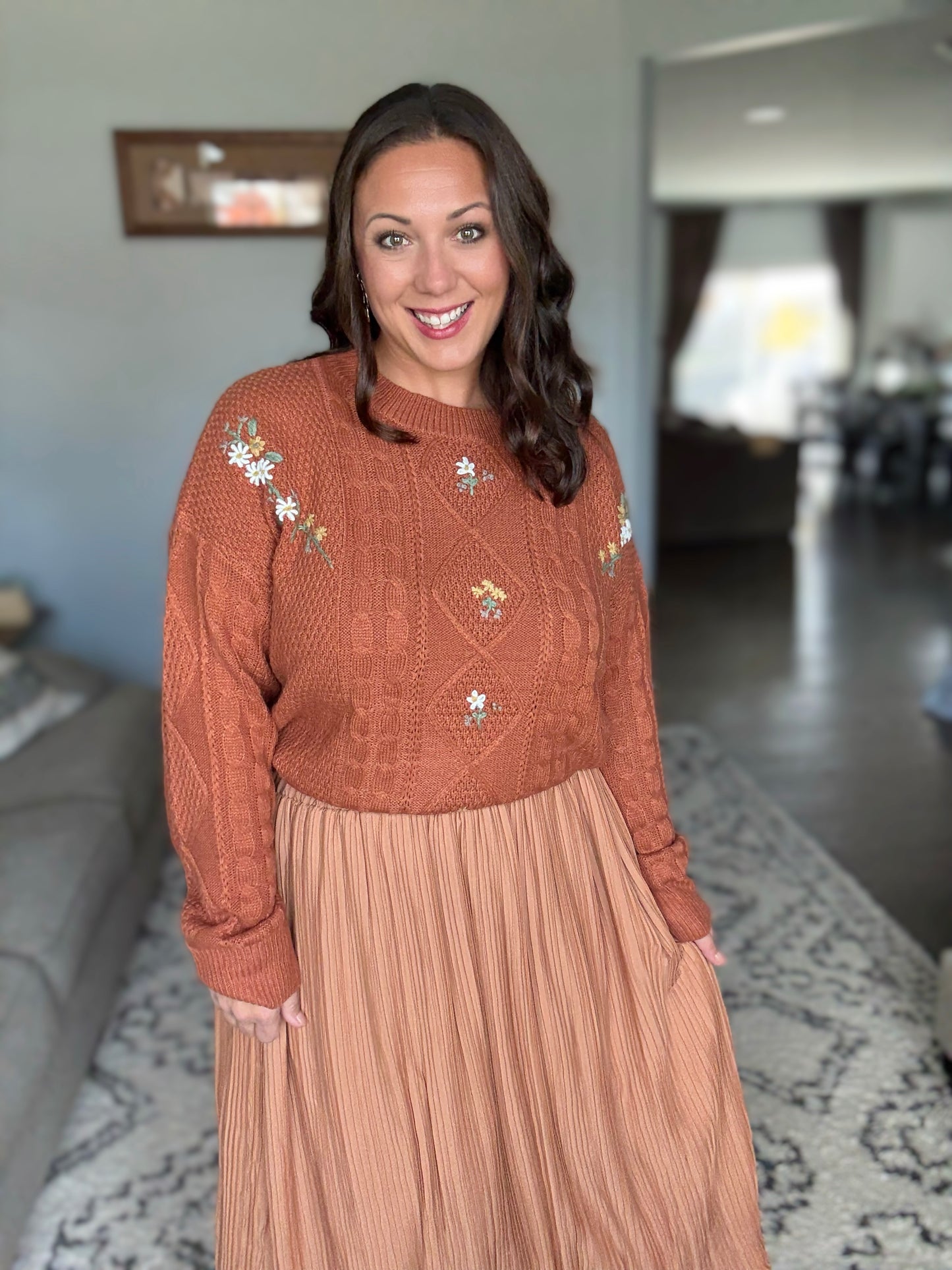 SO ME Embroidered Flower Cable Knitted Sweater