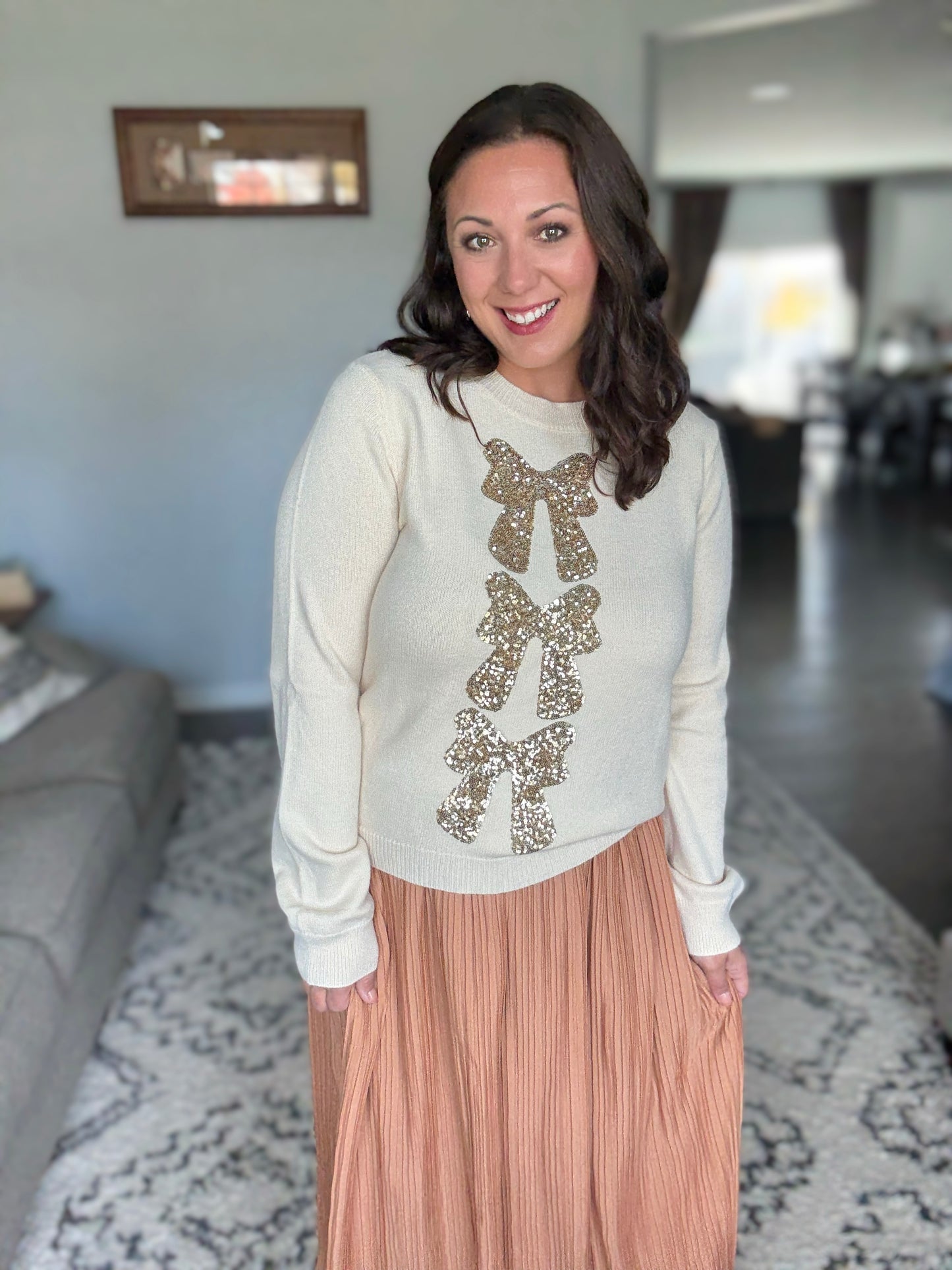 SO ME Sequin Bow Embellished Sweater in Ivory