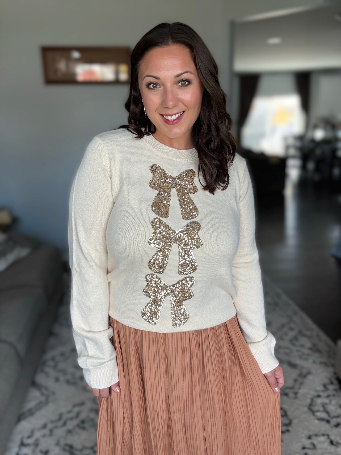 SO ME Sequin Bow Embellished Sweater in Ivory