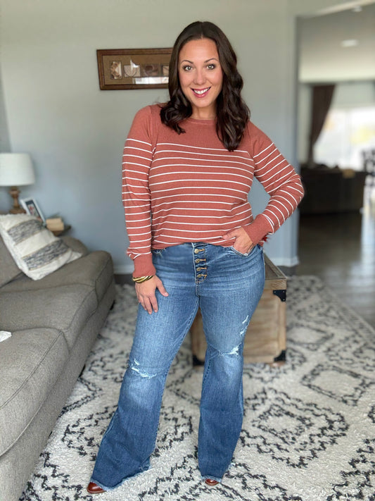 Marion Mid Rise Button Fly Flare with Destroy Fray Hem