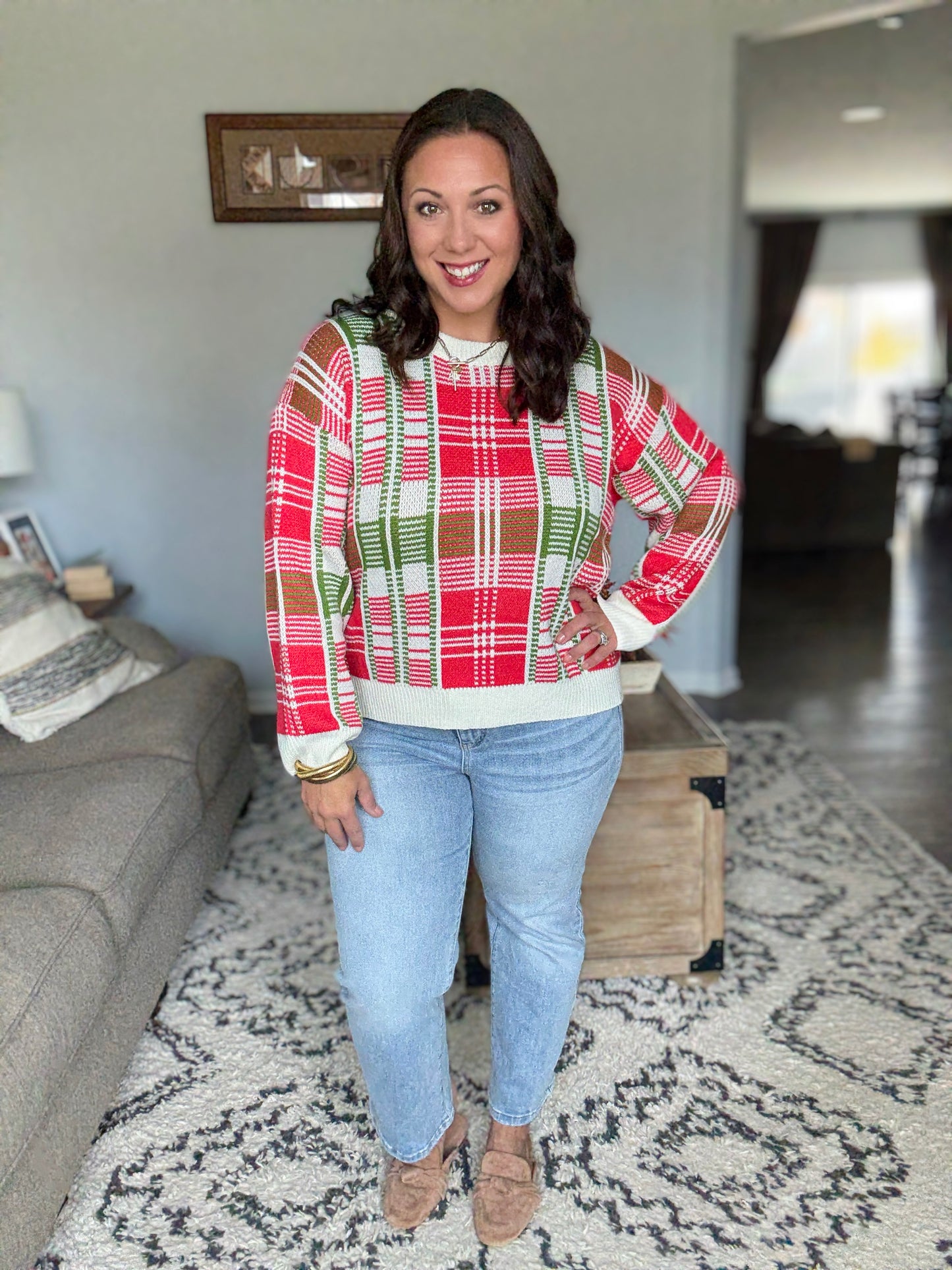 SO ME Christmas Plaid Crew Neck Sweater
