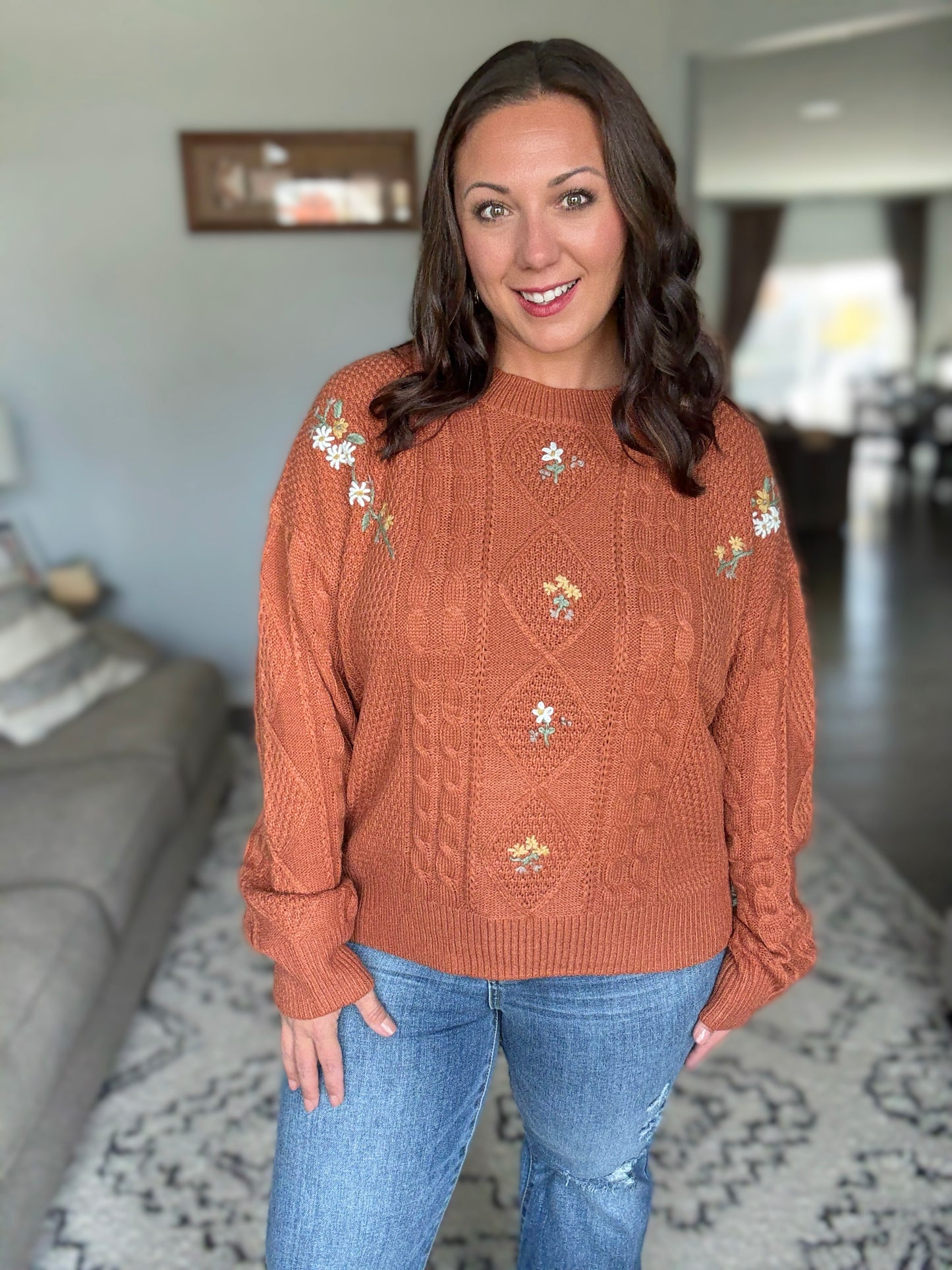 SO ME Embroidered Flower Cable Knitted Sweater