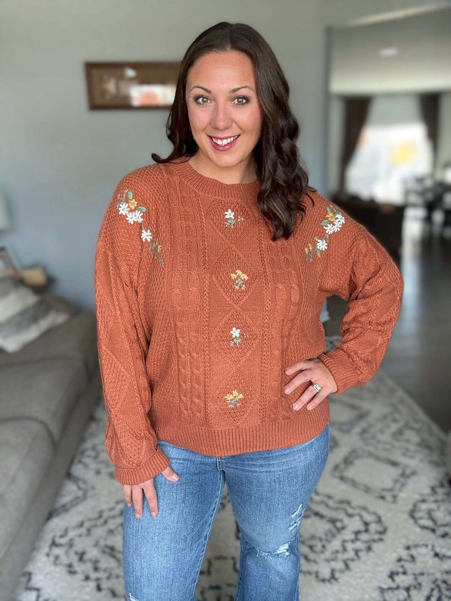 SO ME Embroidered Flower Cable Knitted Sweater