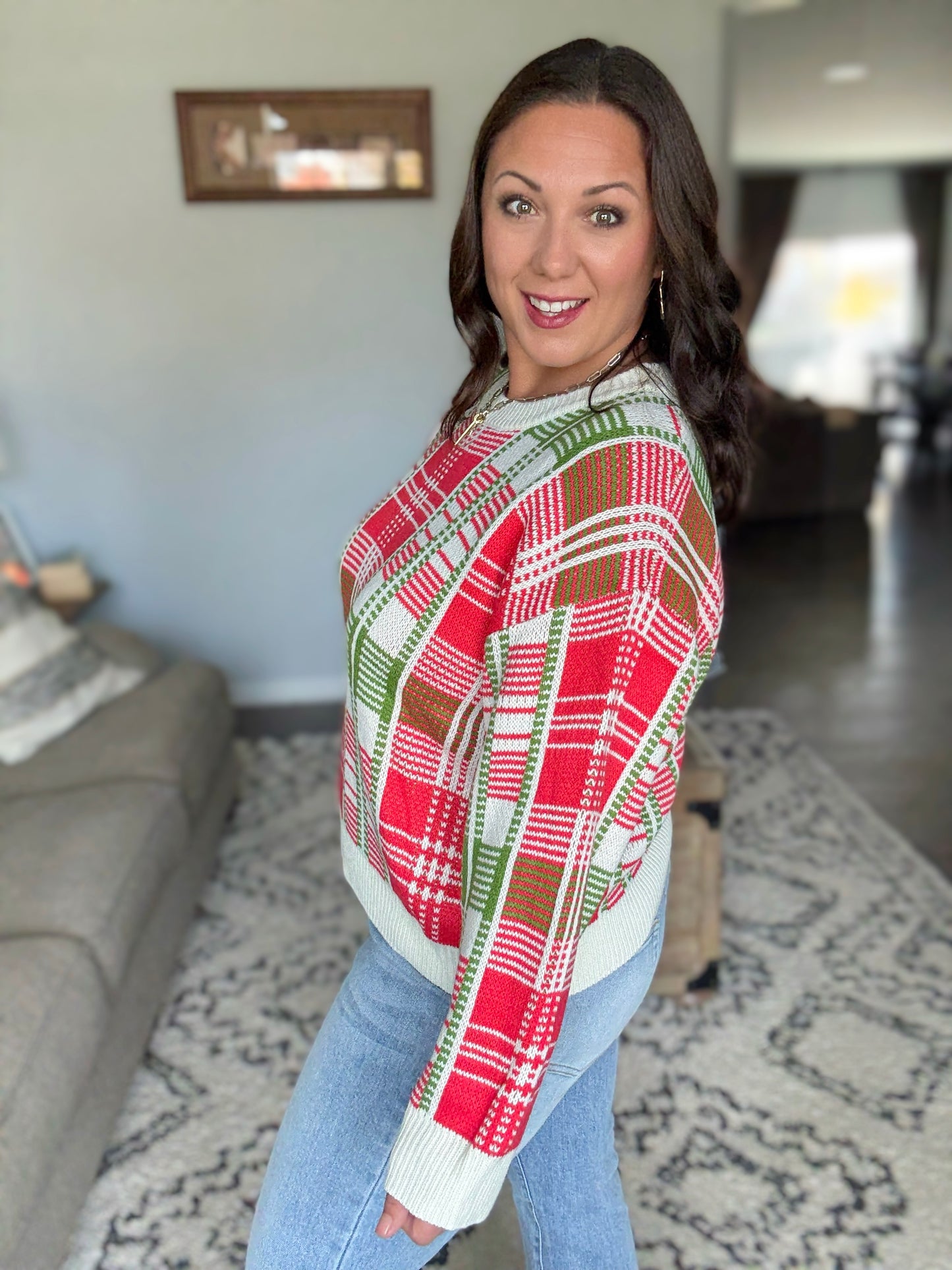 SO ME Christmas Plaid Crew Neck Sweater