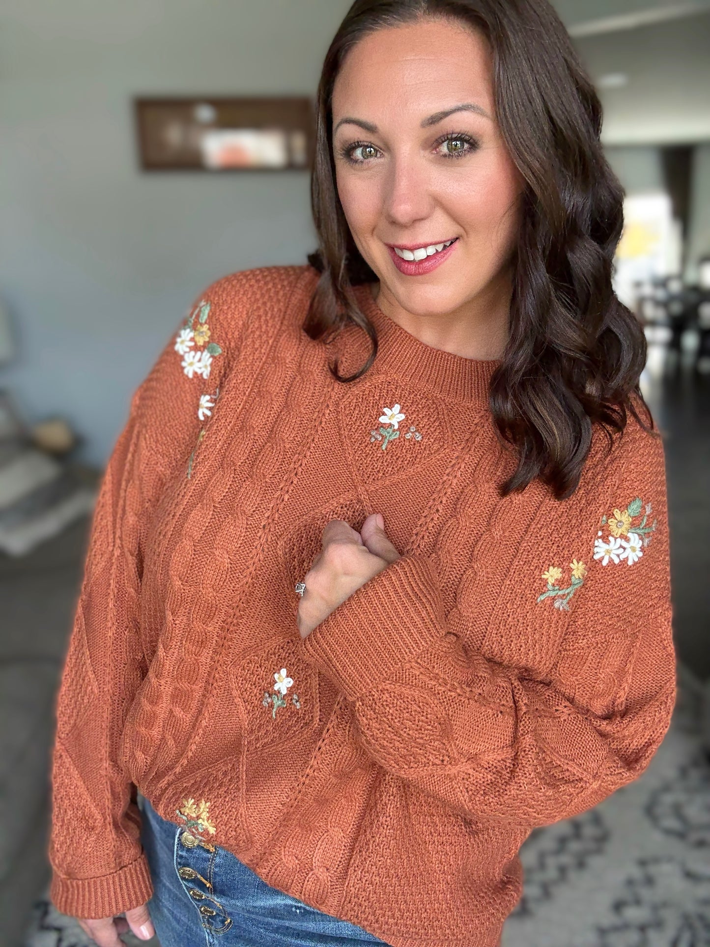 SO ME Embroidered Flower Cable Knitted Sweater