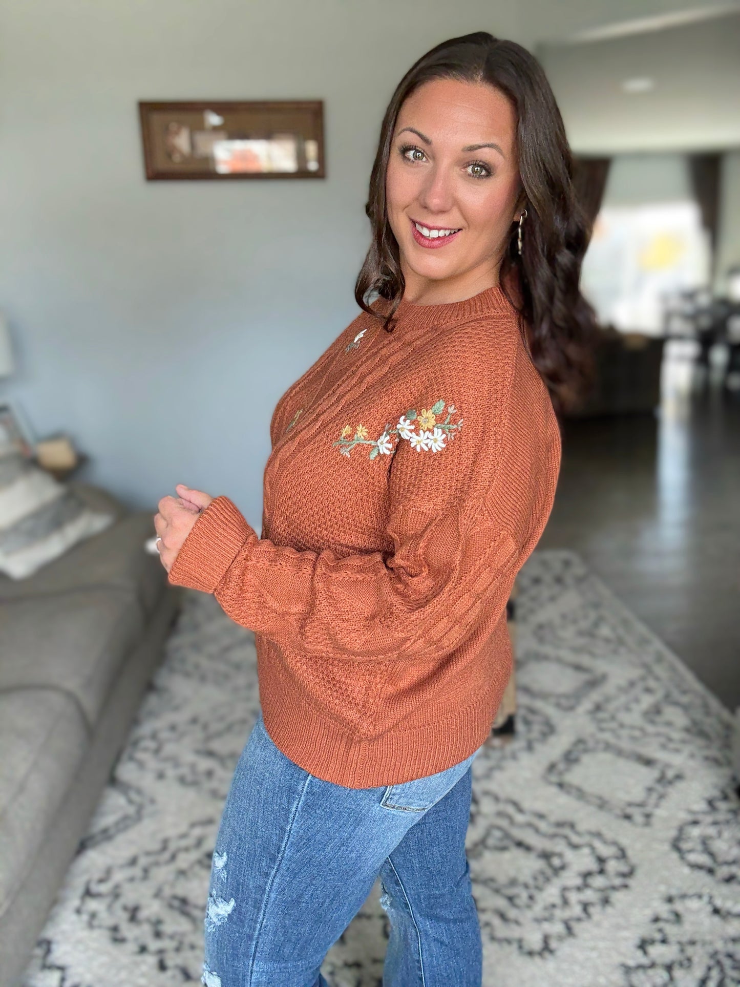 SO ME Embroidered Flower Cable Knitted Sweater