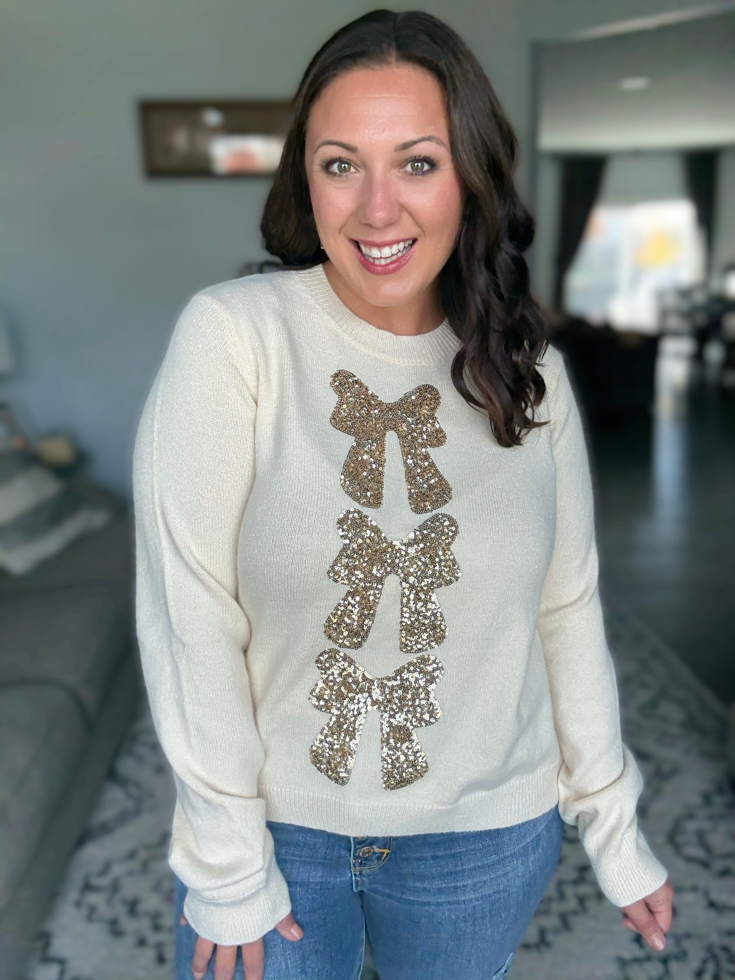 SO ME Sequin Bow Embellished Sweater in Ivory