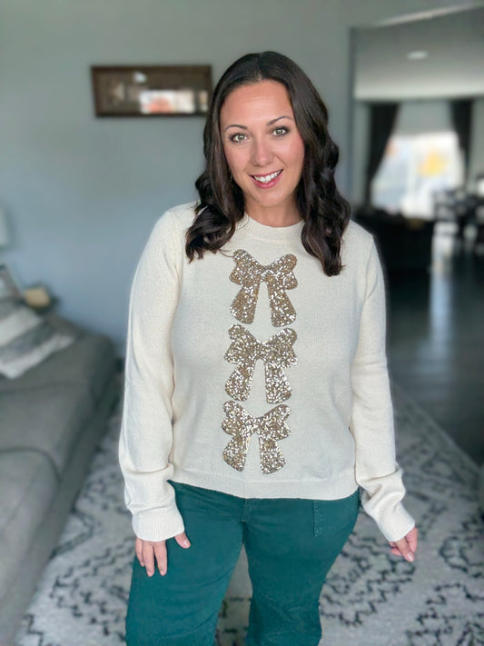 SO ME Sequin Bow Embellished Sweater in Ivory