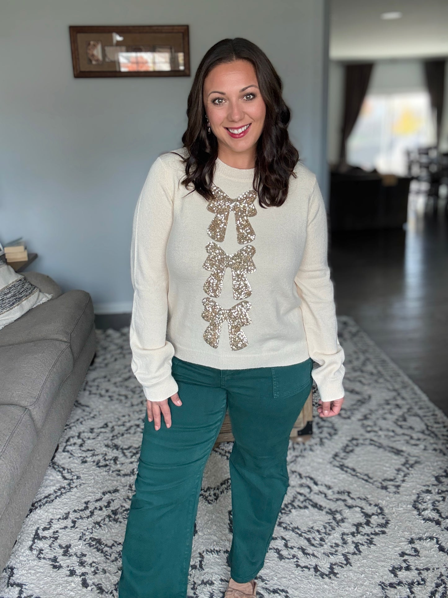 SO ME Sequin Bow Embellished Sweater in Ivory