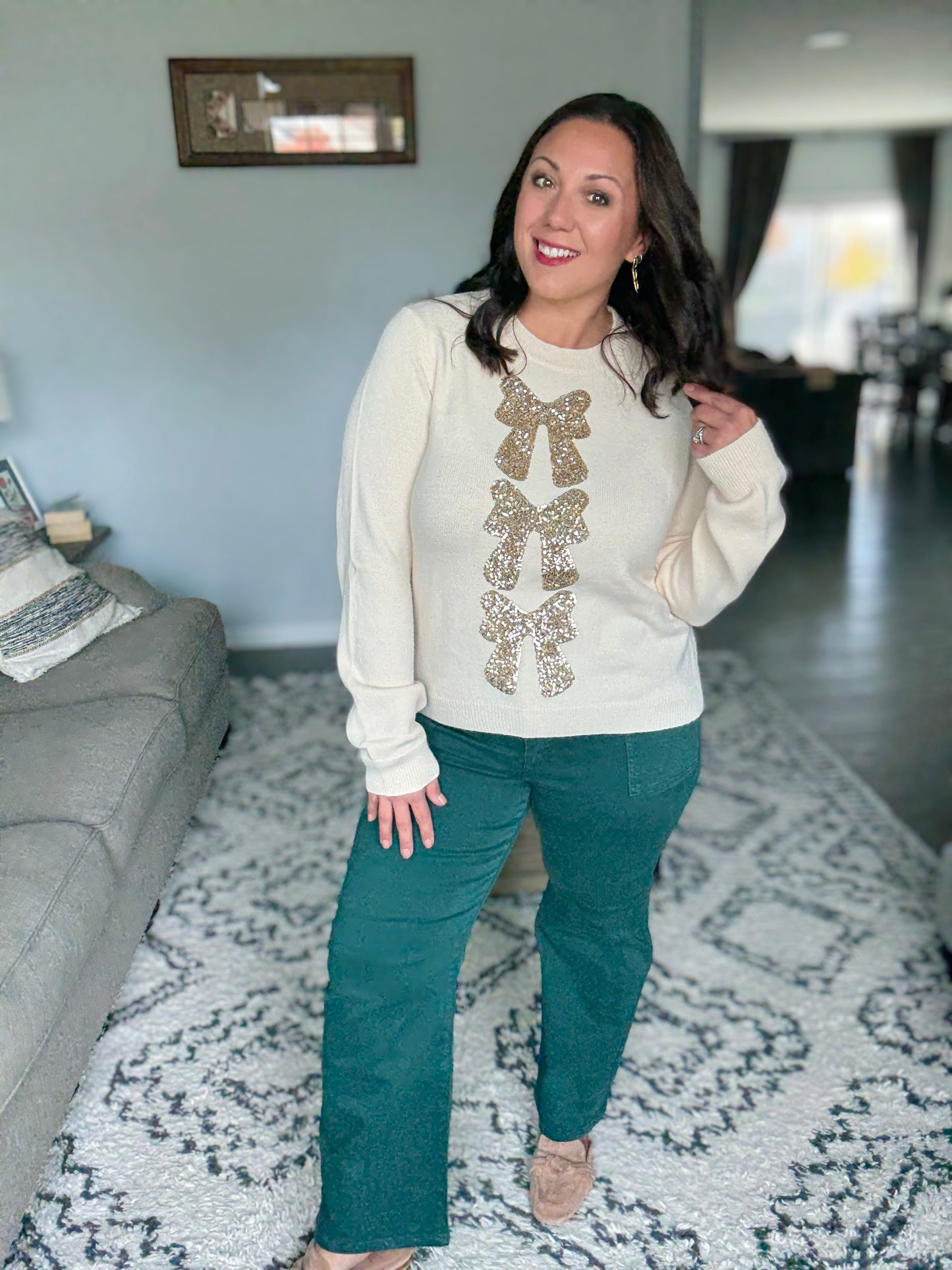 RISEN High Rise Ankle Flare Patch Pocket Jeans in Hunter Green