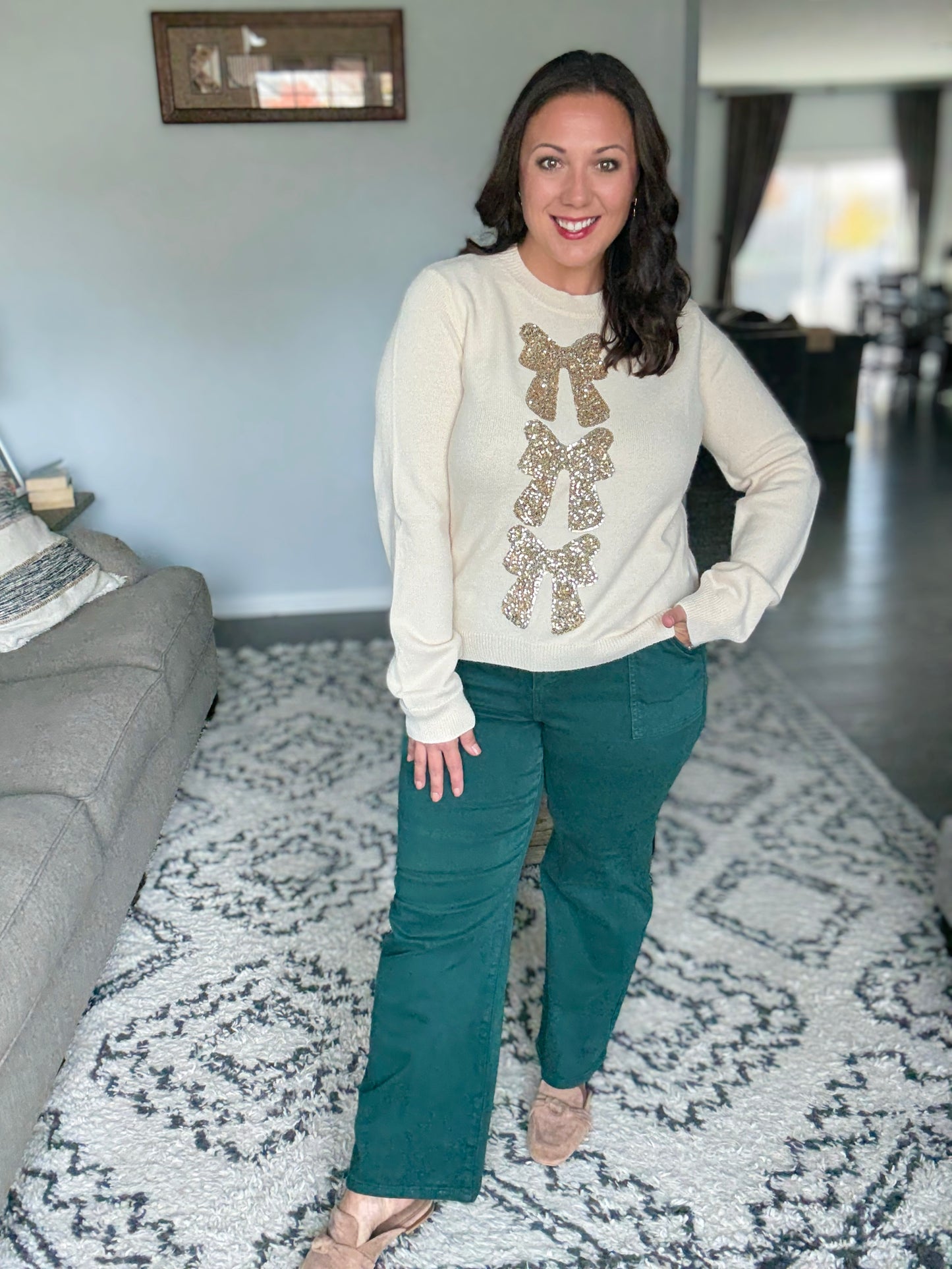 SO ME Sequin Bow Embellished Sweater in Ivory