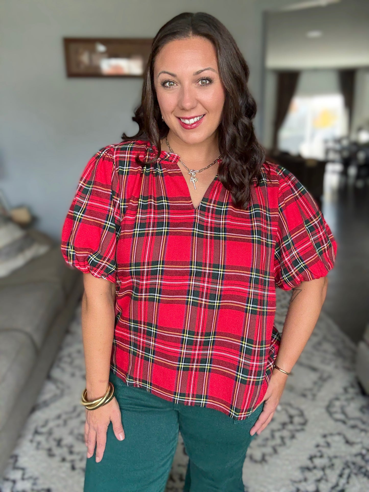 BiBi Christmas Plaid Puff Sleeve Ruffled Blouse