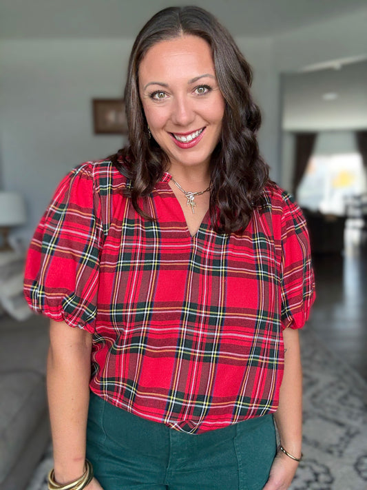 BiBi Christmas Plaid Puff Sleeve Ruffled Blouse