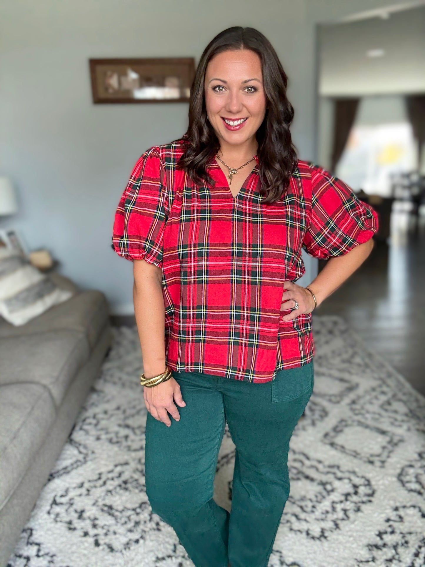 BiBi Christmas Plaid Puff Sleeve Ruffled Blouse