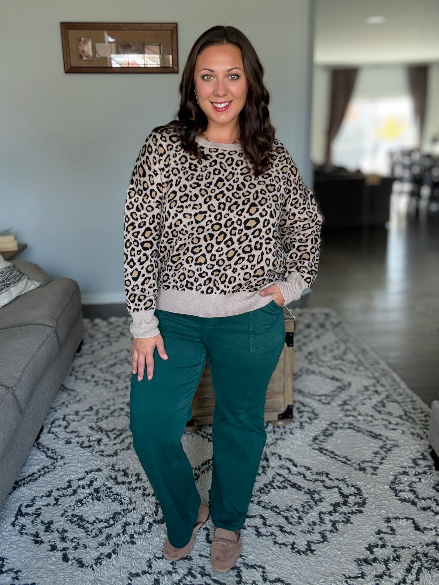 RISEN High Rise Ankle Flare Patch Pocket Jeans in Hunter Green