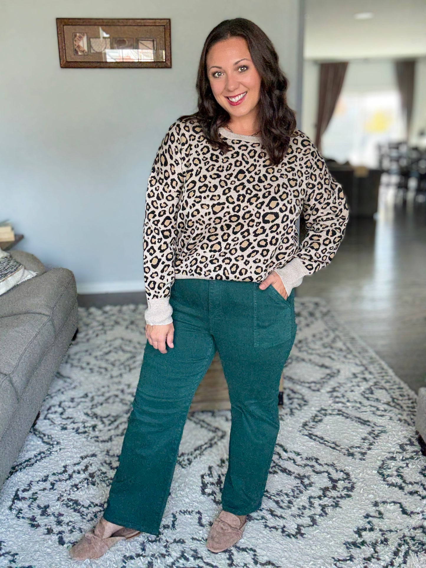 RISEN High Rise Ankle Flare Patch Pocket Jeans in Hunter Green