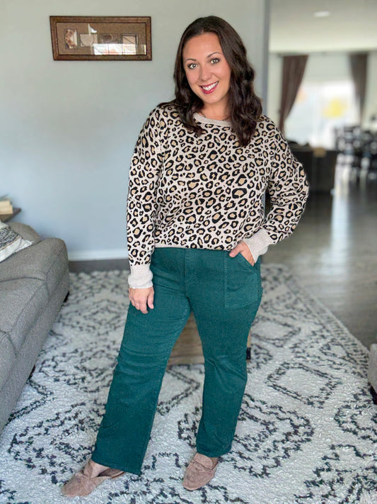 RISEN High Rise Ankle Flare Patch Pocket Jeans in Hunter Green