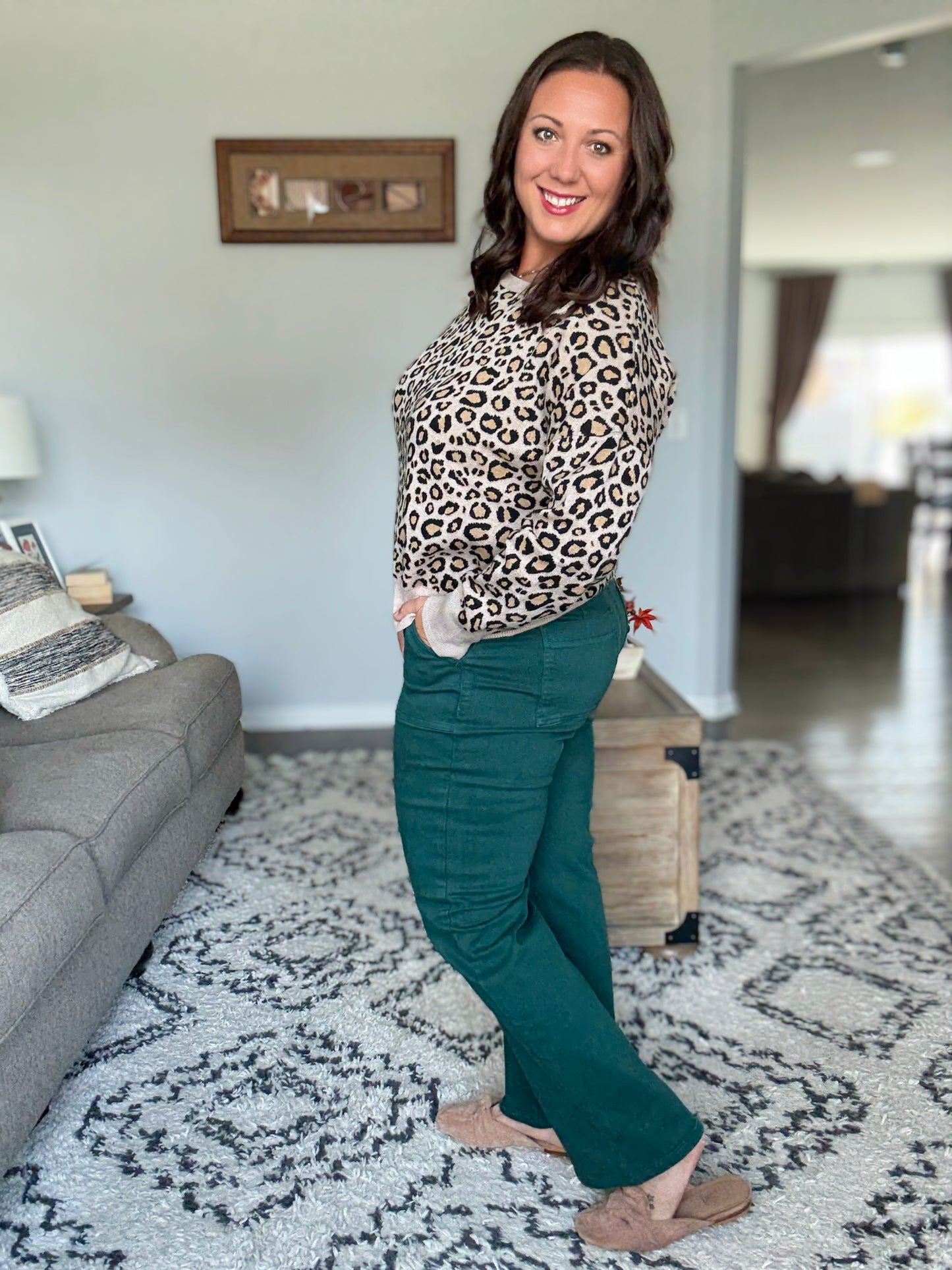 RISEN High Rise Ankle Flare Patch Pocket Jeans in Hunter Green