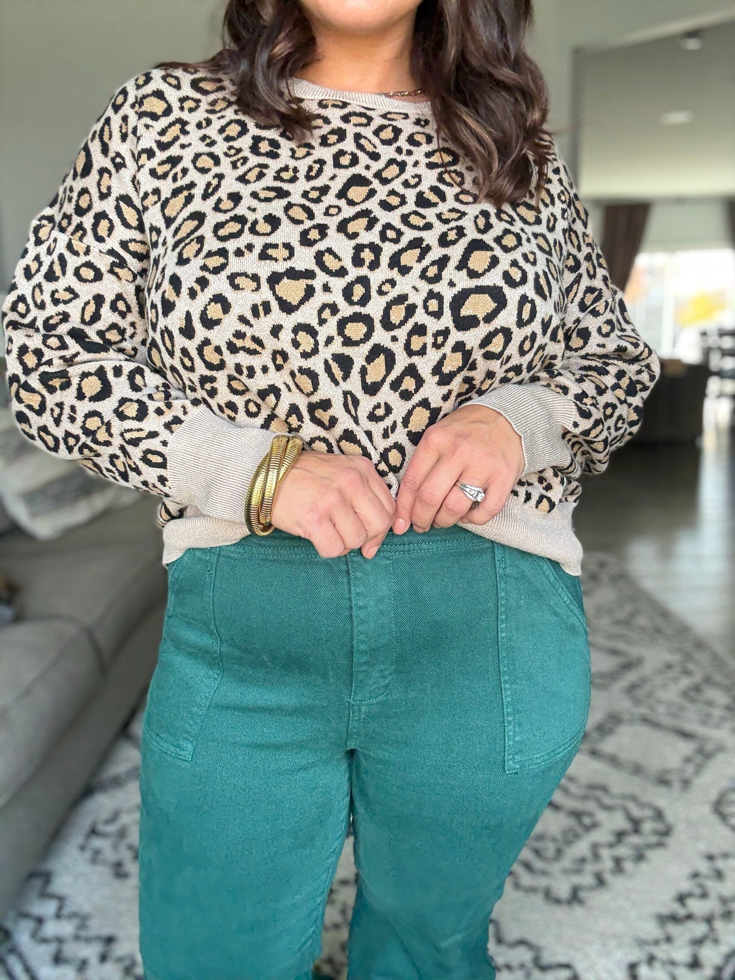 RISEN High Rise Ankle Flare Patch Pocket Jeans in Hunter Green