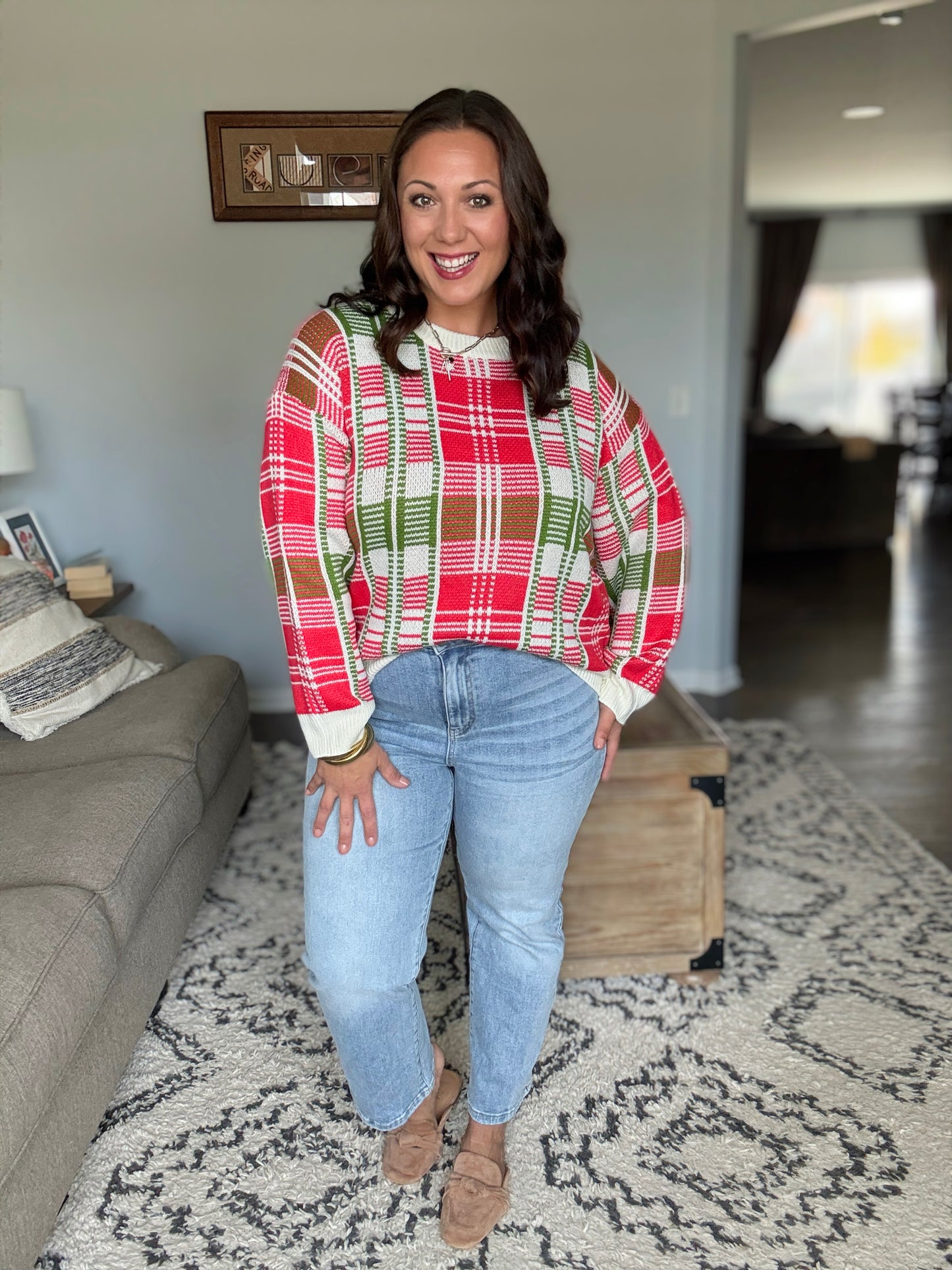 SO ME Christmas Plaid Crew Neck Sweater