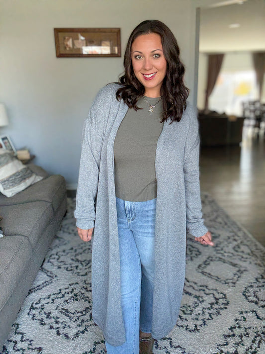 Travel Hideaway Open Front Duster Cardigan in Soft Grey