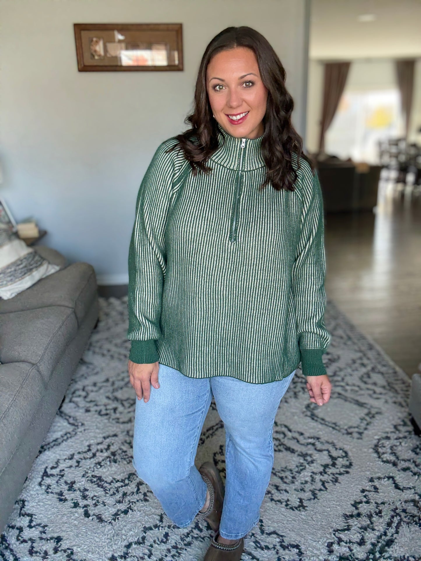 Zenana Ribbed Two Tone Half Zip Sweater in Dark Green