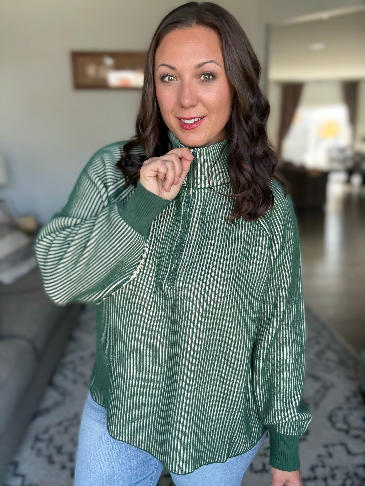 Zenana Ribbed Two Tone Half Zip Sweater in Dark Green