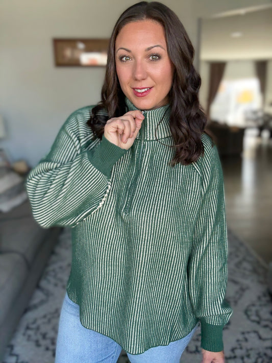 Zenana Ribbed Two Tone Half Zip Sweater in Dark Green