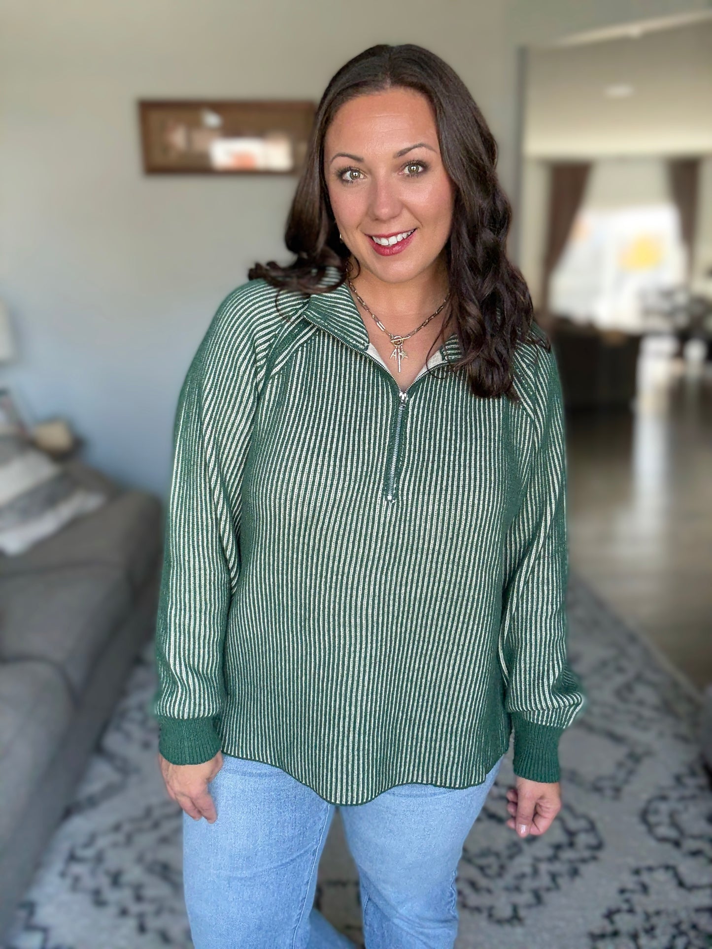 Zenana Ribbed Two Tone Half Zip Sweater in Dark Green