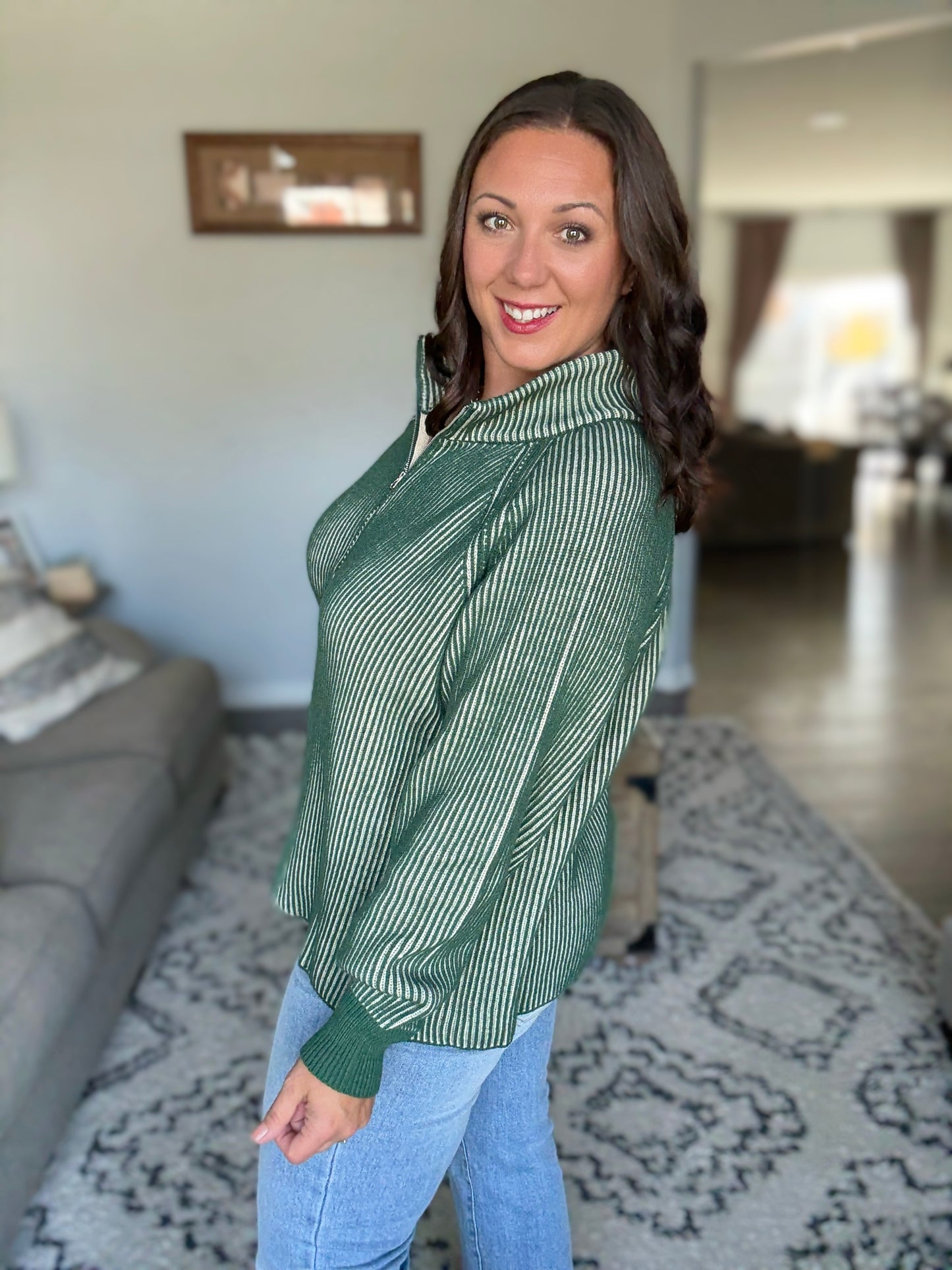 Zenana Ribbed Two Tone Half Zip Sweater in Dark Green