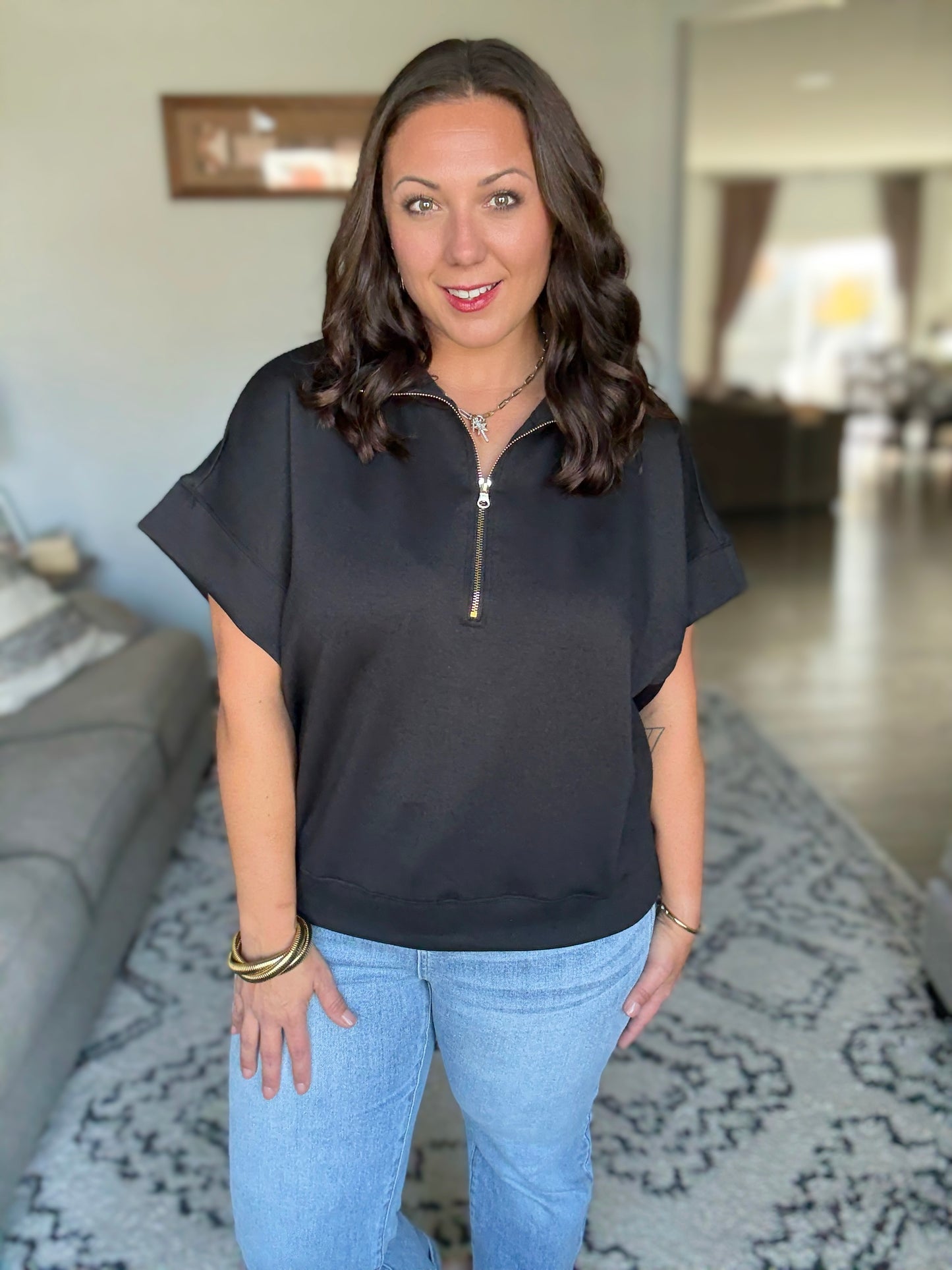 Zenana Full Size Scuba High Neck Half Zip Short Sleeve Top in Black