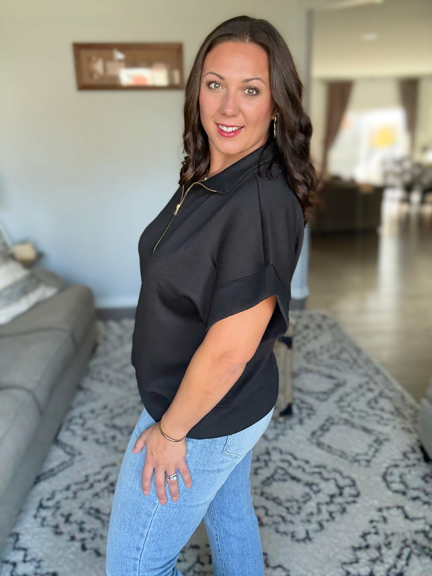 Zenana Full Size Scuba High Neck Half Zip Short Sleeve Top in Black