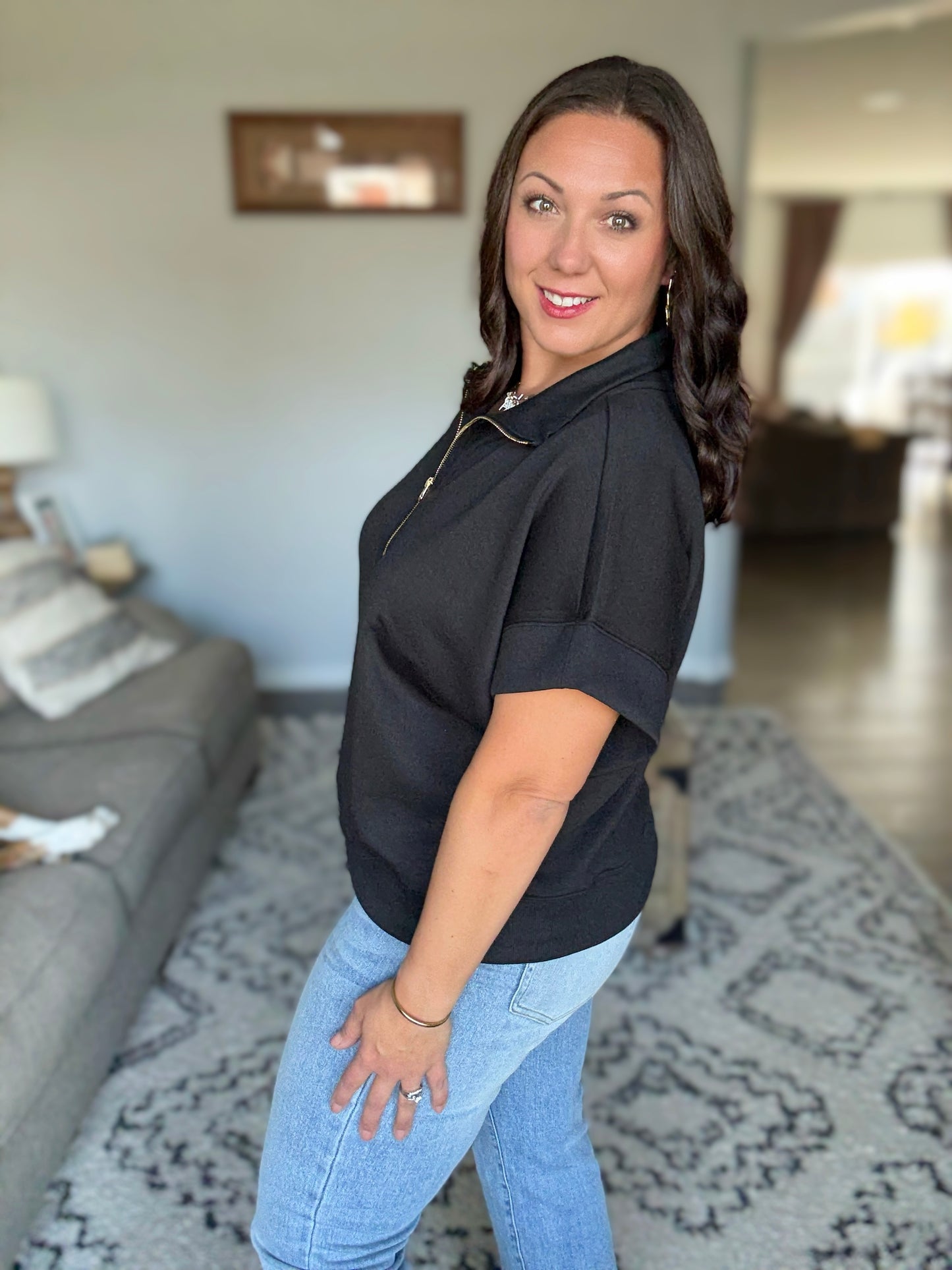 Zenana Full Size Scuba High Neck Half Zip Short Sleeve Top in Black