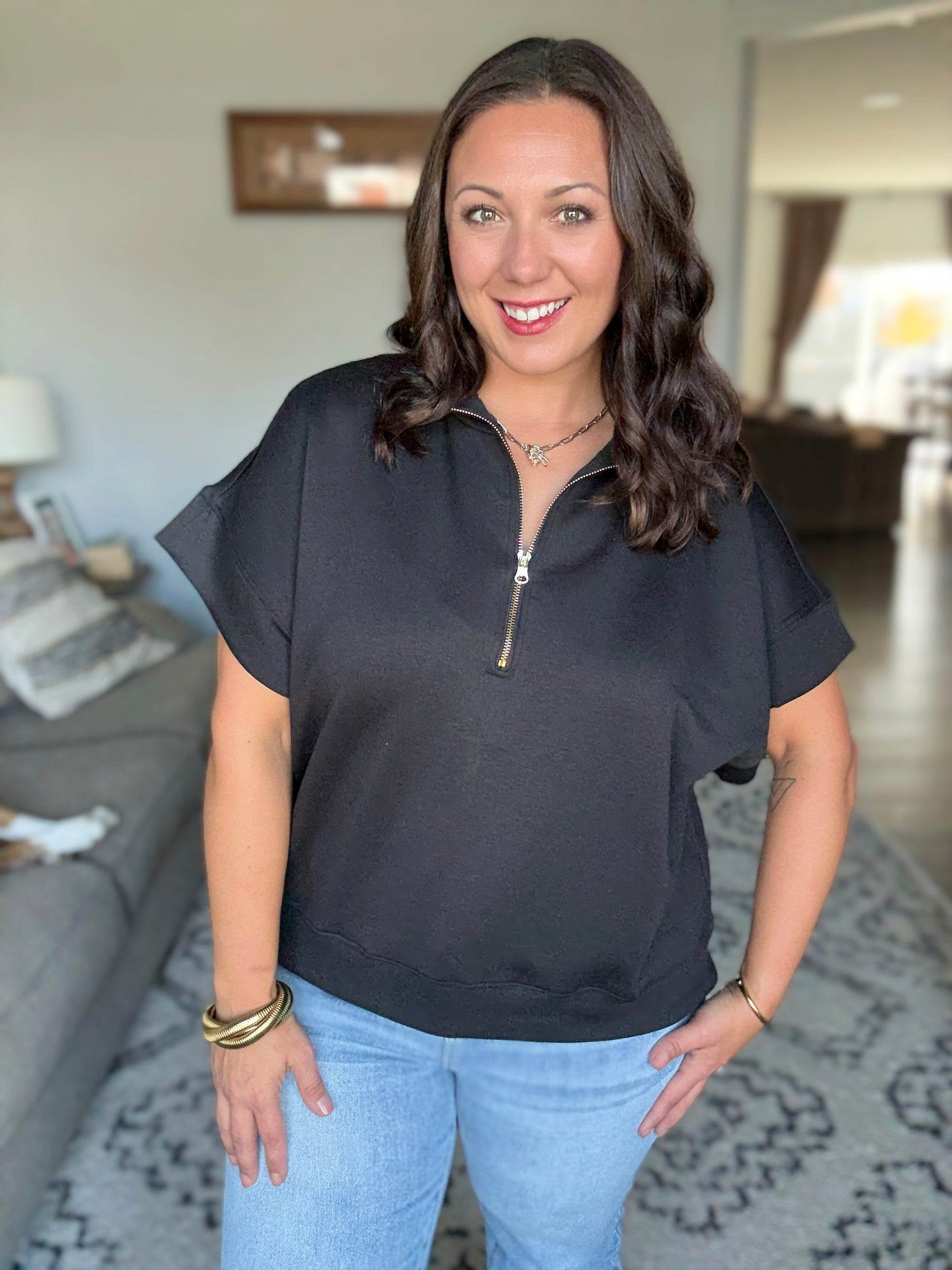 Zenana Full Size Scuba High Neck Half Zip Short Sleeve Top in Black