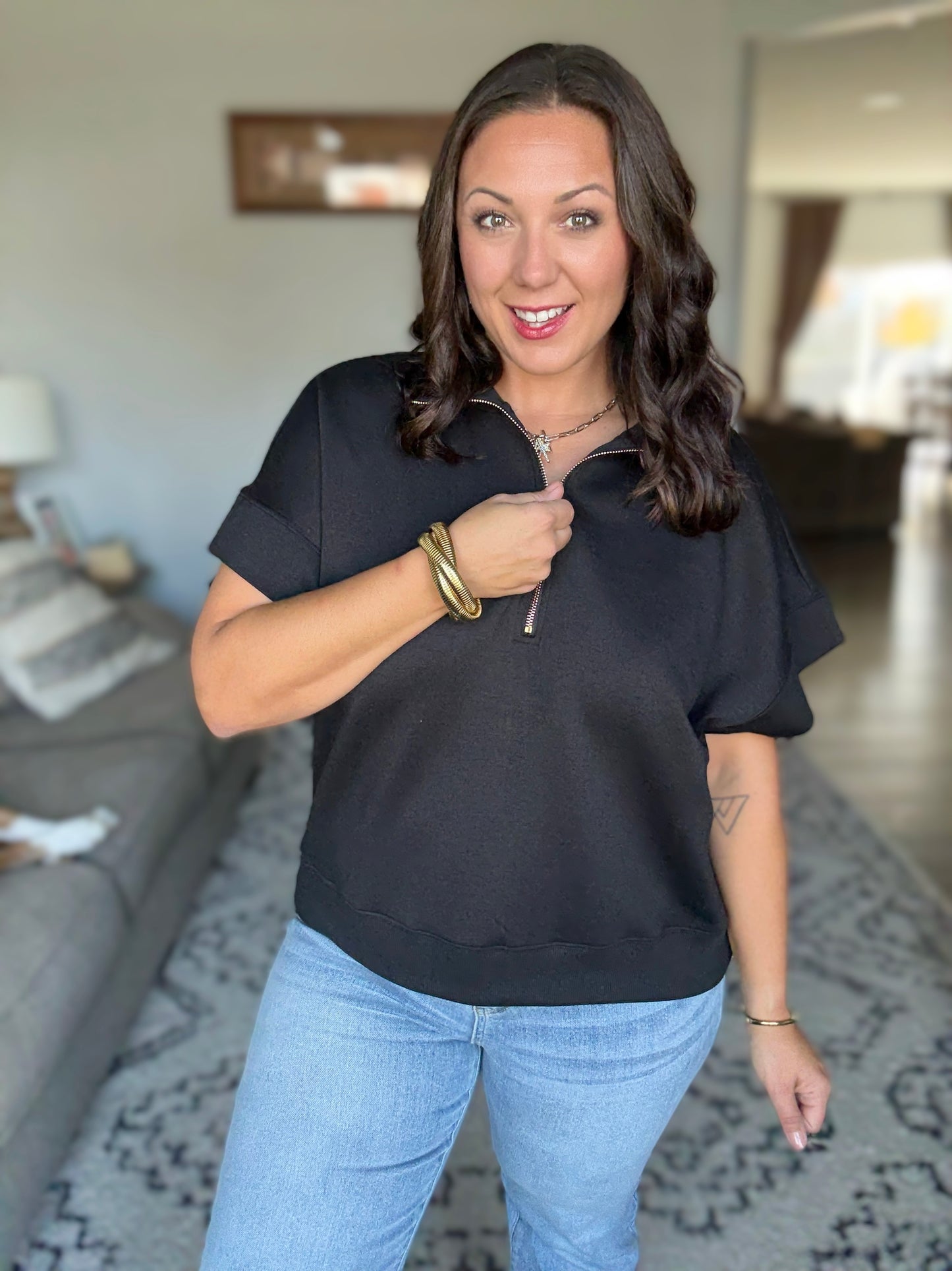 Zenana Full Size Scuba High Neck Half Zip Short Sleeve Top in Black