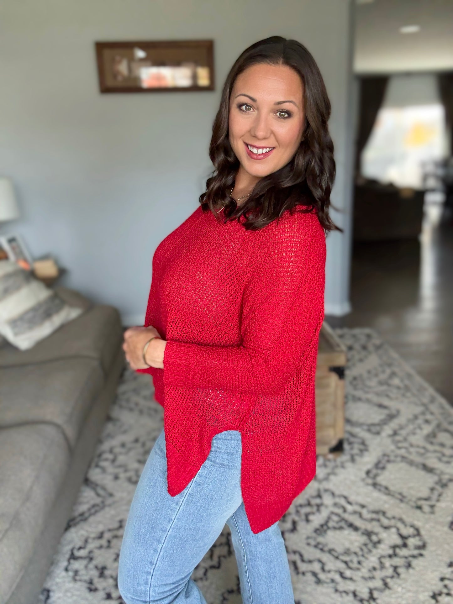 Zenana Dolman Sleeve V-Neck Sweater in Ruby