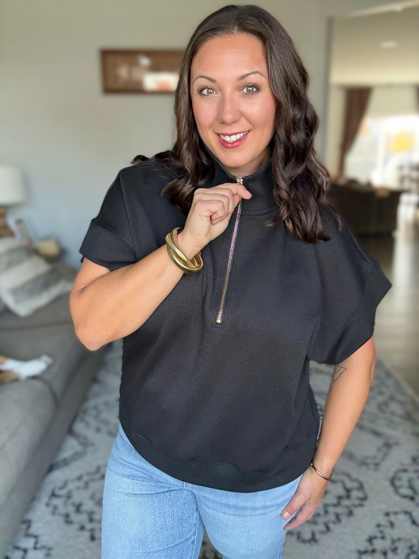 Zenana Full Size Scuba High Neck Half Zip Short Sleeve Top in Black