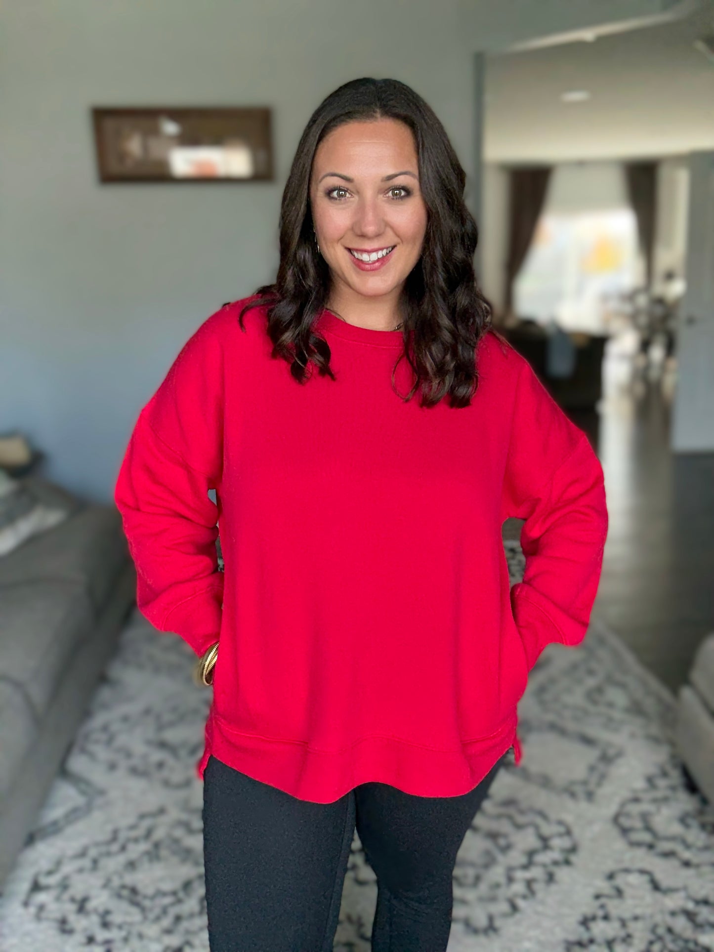 Zenana Full Size Fleece Hi-low Boyfriend Sweatshirt with Pockets in Red