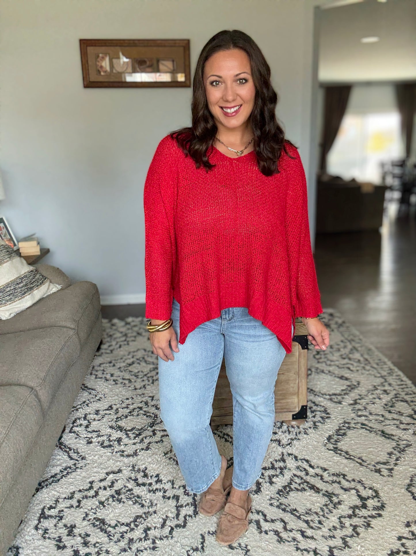 Zenana Dolman Sleeve V-Neck Sweater in Ruby