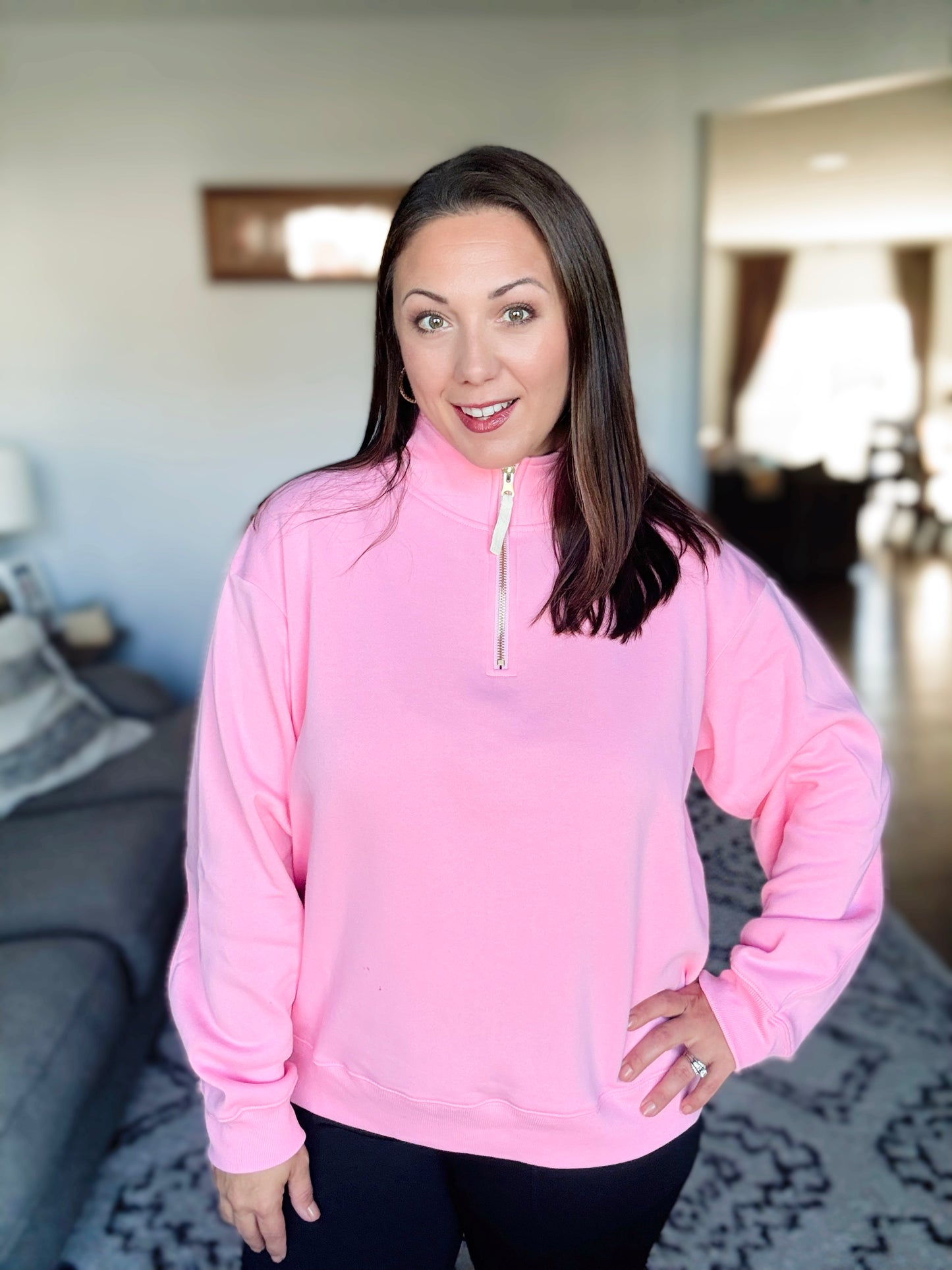 Sweater Weather Half Zip High Neck Pullover in Pink