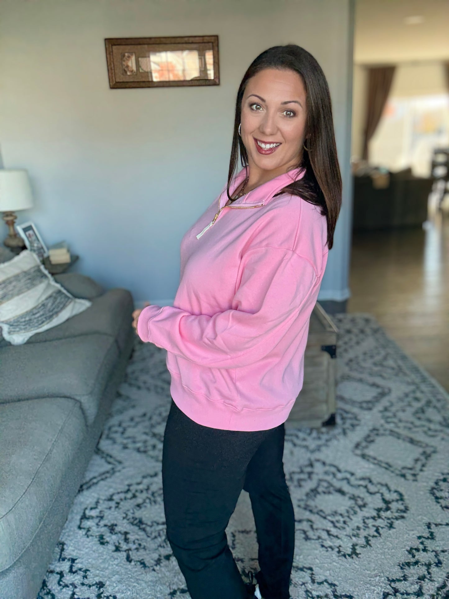 Sweater Weather Half Zip High Neck Pullover in Pink